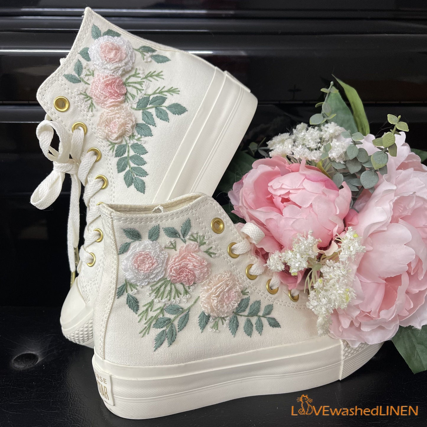 Custom Coverse Platform/Wedding Flowers Embroidered Converse/Bridal Flowers Embroidered Sneakers/Wedding English Roses Embroidered Sneakers