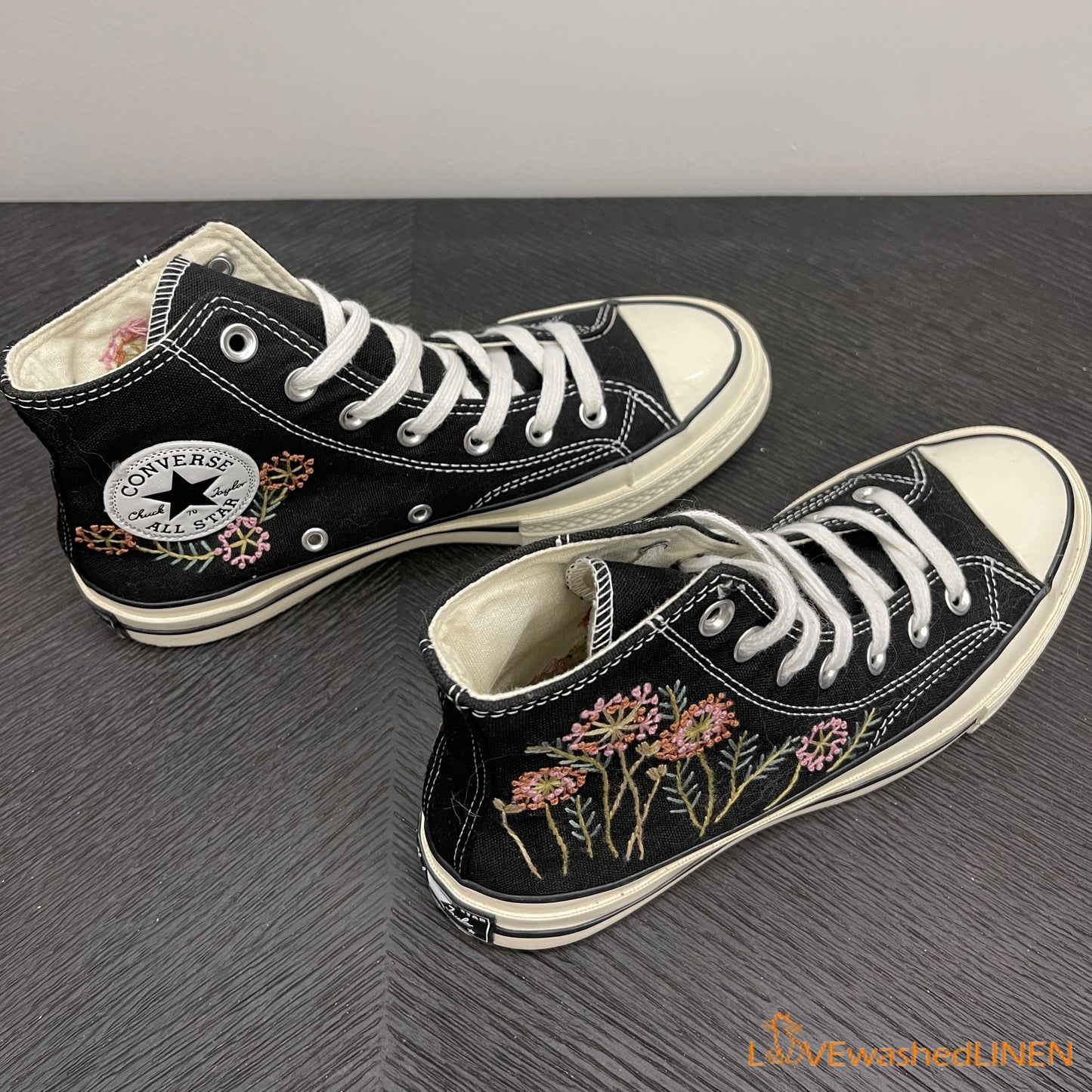 Custom Embroidered Converse/ Custom Converse Chuck Taylor Embroidered Pink Dandelion Flower/ Embroidered Converse High Tops