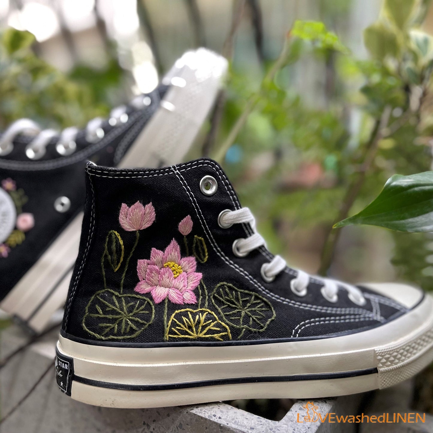 Custom Converse Chuck Taylor Embroidered Pink Lotus Flower/ Embroidered Converse Custom Wedding Flowers