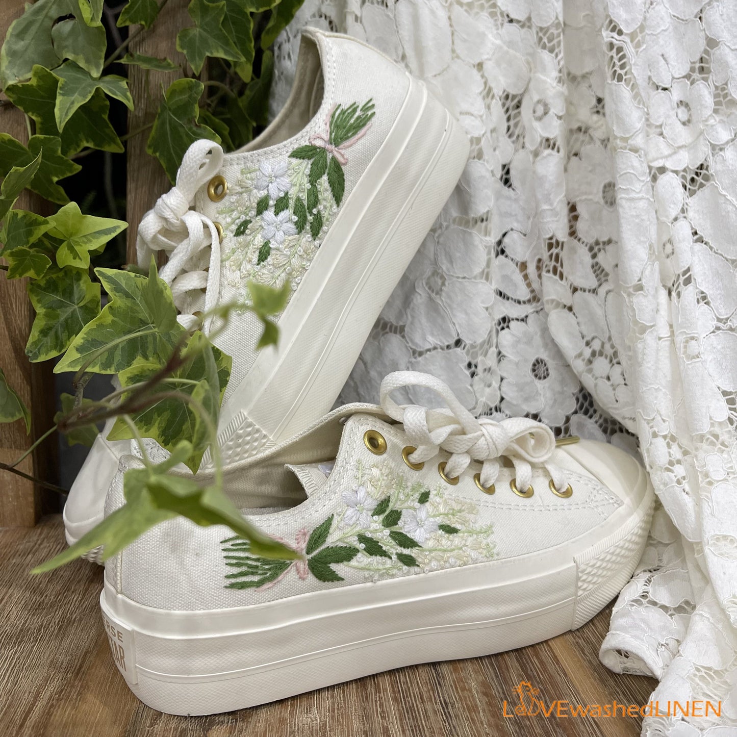 Custom Coverse Platform/Wedding Flowers Embroidered Converse/Bridal Flowers Embroidered Sneakers/ Lily of the Valley Embroidered Sneakers