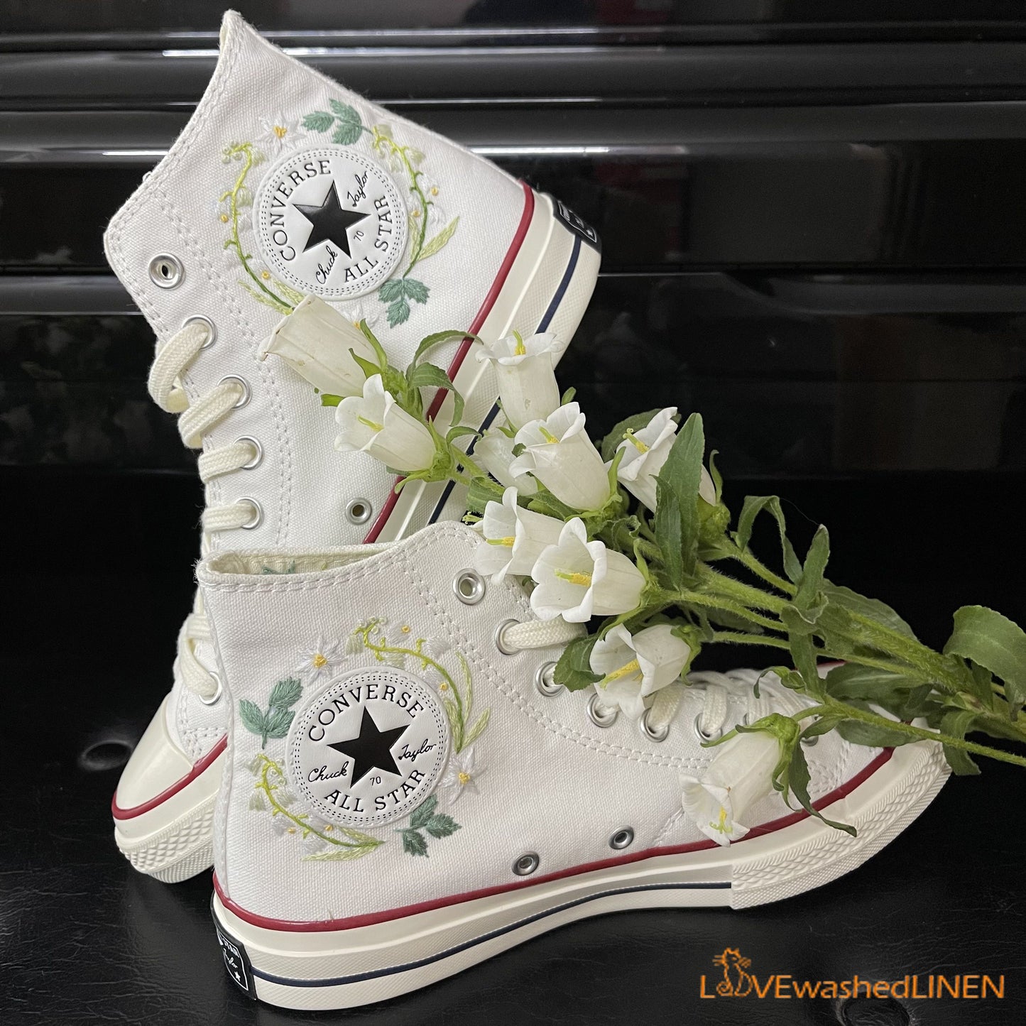 Custom Coverse Platform/Wedding Flowers Embroidered Converse/Bridal Flowers Embroidered Sneakers/Lily of the Valley Embroidered Sneakers