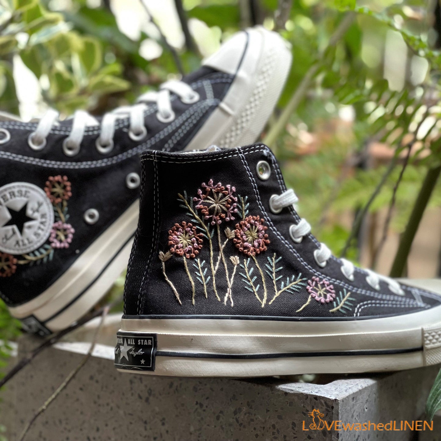 Custom Embroidered Converse/ Custom Converse Chuck Taylor Embroidered Pink Dandelion Flower/ Embroidered Converse High Tops