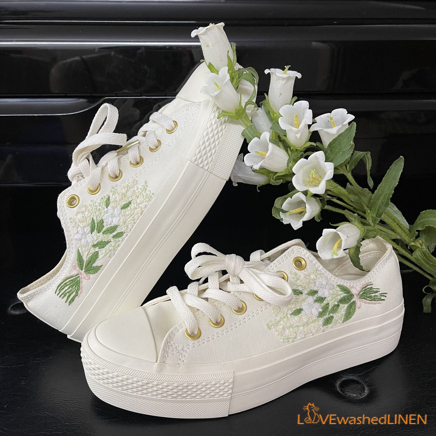 Custom Coverse Platform/ Wedding Flowers Embroidered Converse/ Bridal Flowers Embroidered Sneakers/ Lily of the Valley Embroidered Sneakers