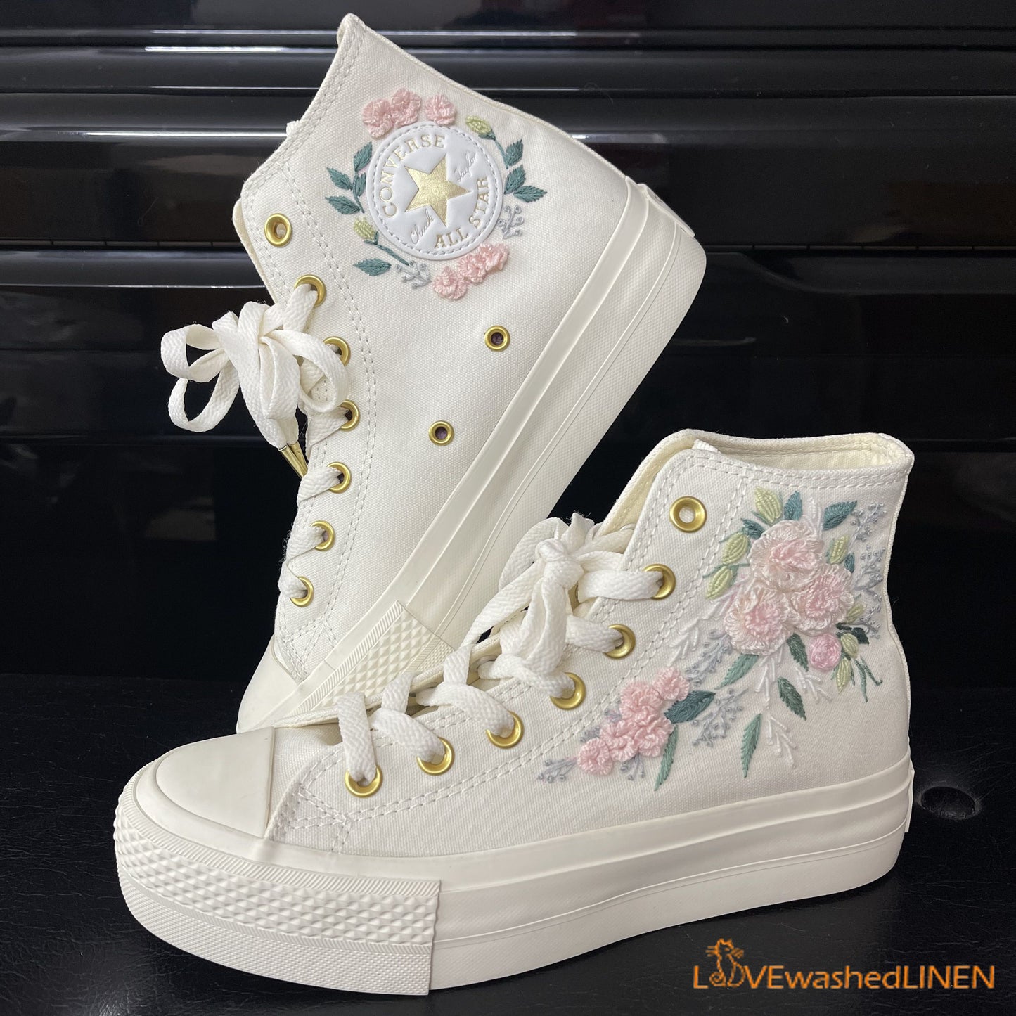 Custom Coverse Platform/Wedding Flowers Embroidered Converse/Bridal Flowers Embroidered Sneakers/Wedding English Roses Embroidered Sneakers