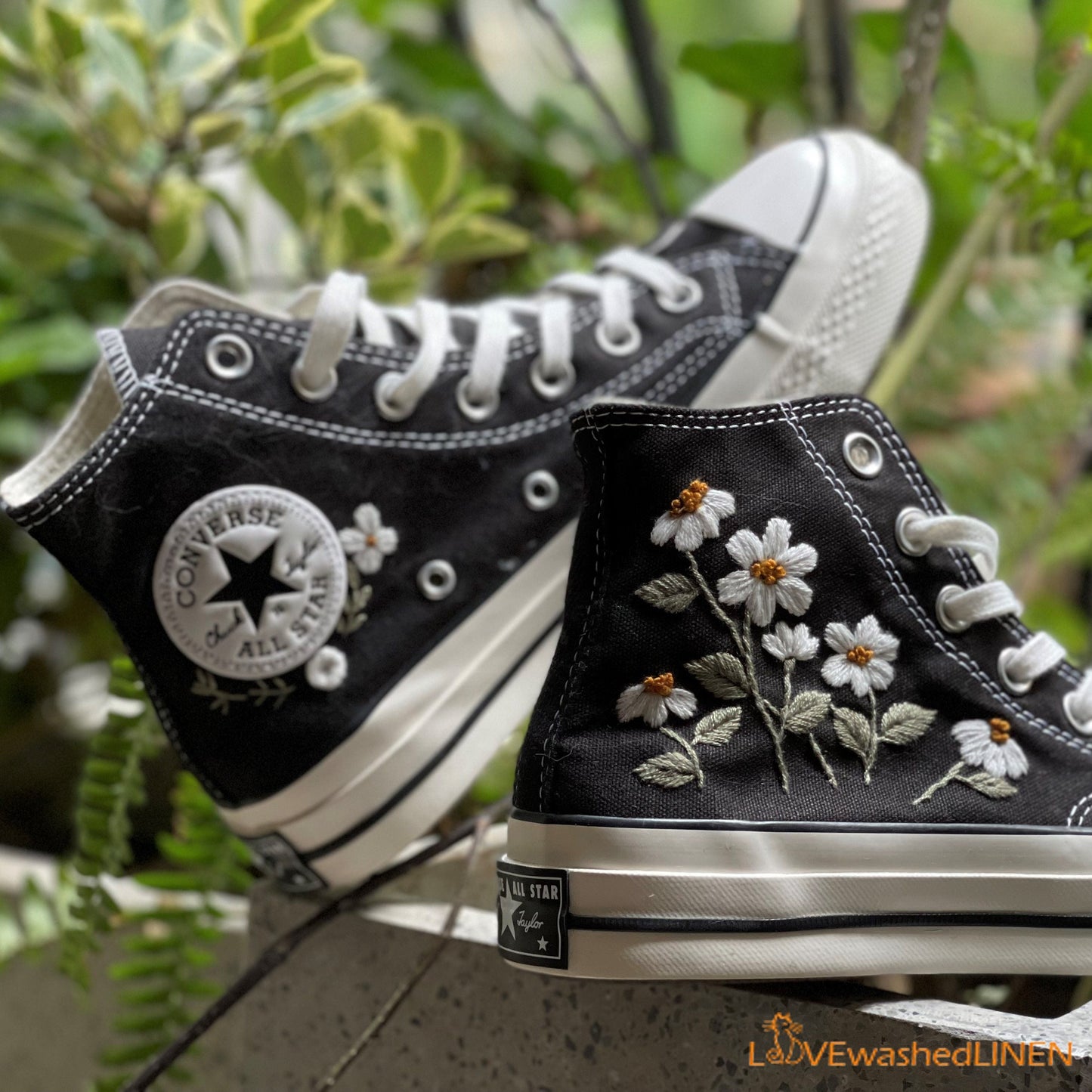 Custom Embroidered Converse High Tops/ Custom Converse Chuck Taylor 1970s Embroidered Daisy Flower/ Wedding sneakers/ Wedding Gift