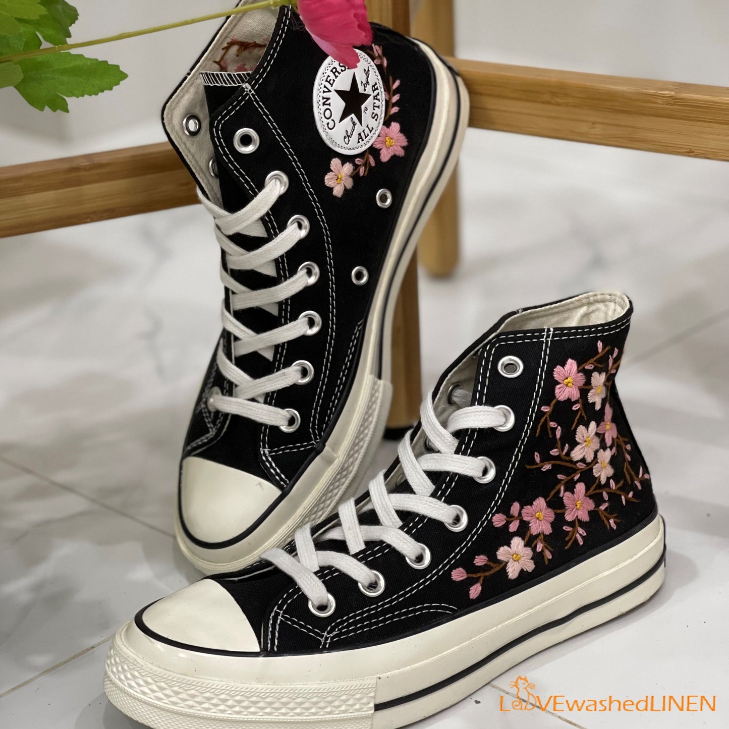 Custom Embroidered Converse High Tops Chuck Taylor 1970s/ Oriental Plum Blossom Converse/ Custom Converse Chuck Taylor Blossom Embroidered