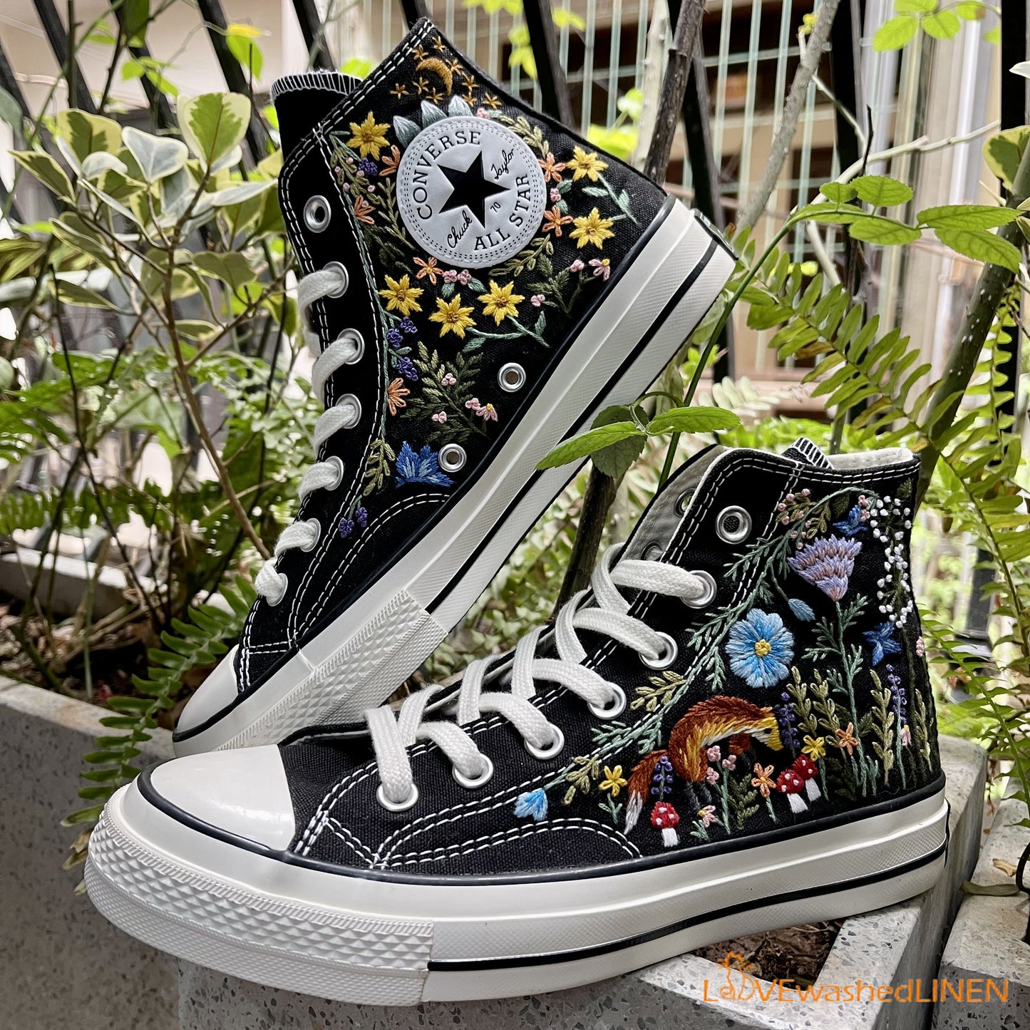 Custom Converse Chuck Taylor Embroidered/ Fox Summer Garden Flowers Embroidered Convese Shoes/ Embroidered Converse Custom Wedding Flowers