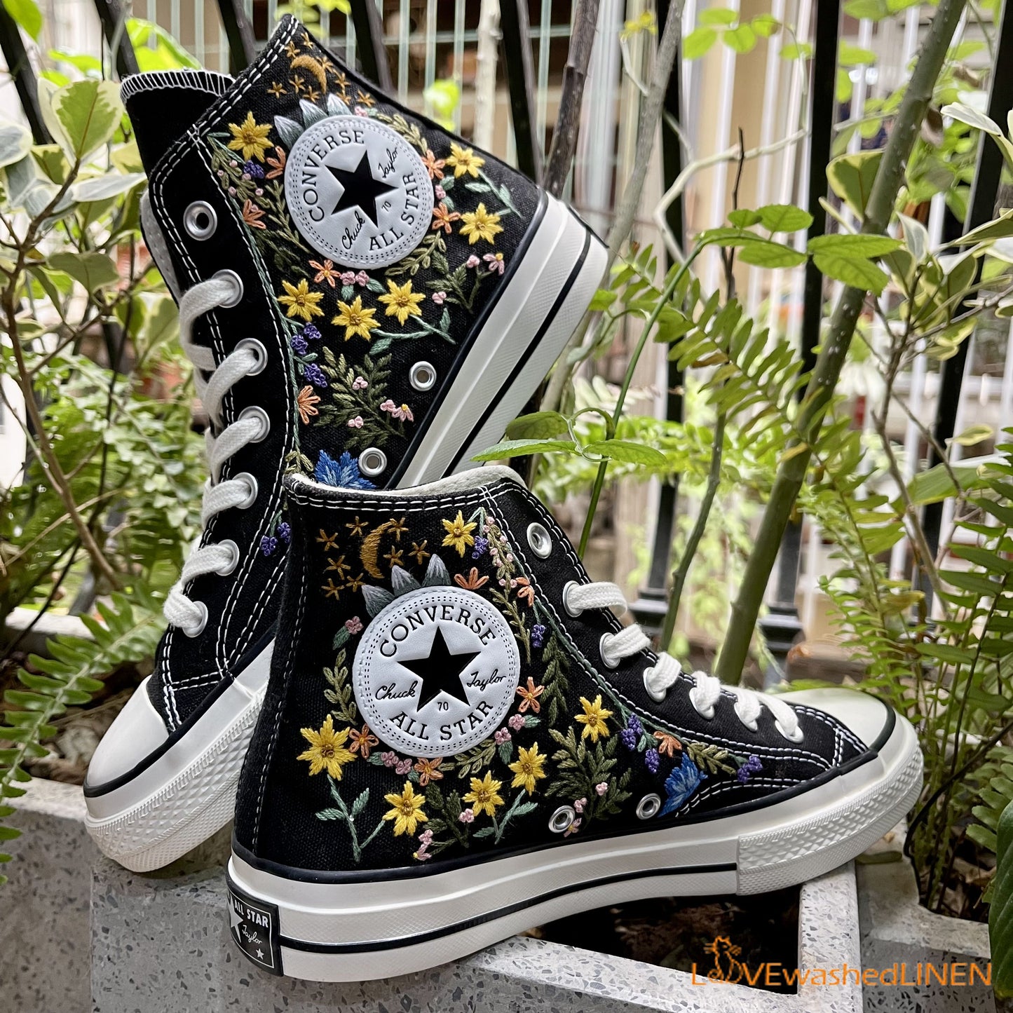 Custom Converse Chuck Taylor Embroidered/ Fox Summer Garden Flowers Embroidered Convese Shoes/ Embroidered Converse Custom Wedding Flowers