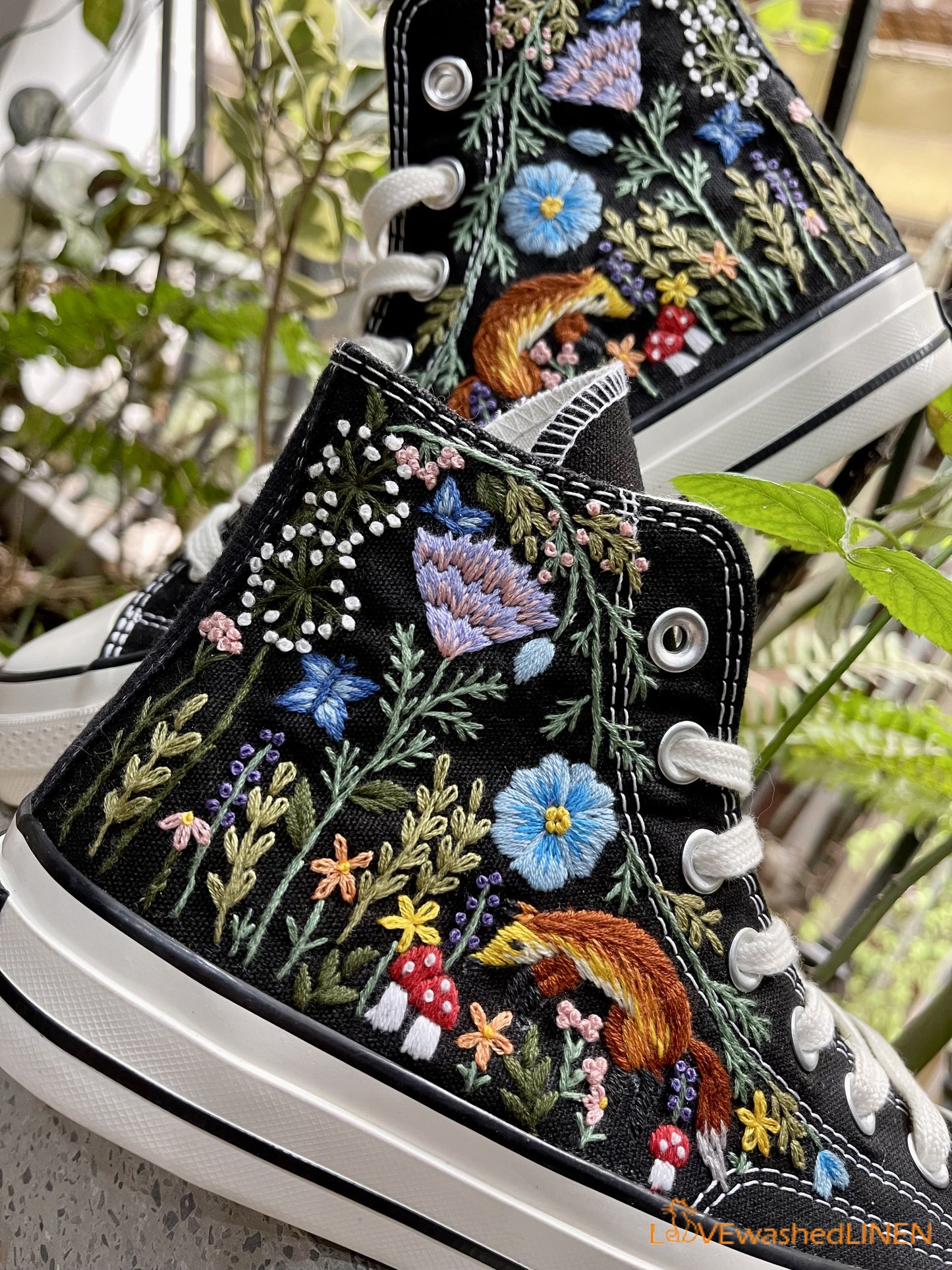 Custom Converse Chuck Taylor Embroidered/ Fox Summer Garden Flowers Embroidered Convese Shoes/ Embroidered Converse Custom Wedding Flowers