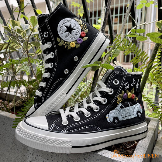 Custom Embroidered Converse High Tops Chuck Taylor 1970s/ Volkswagen Embroidered Converse/Volkswagen Beetle Flowers Embroidered Sneakers