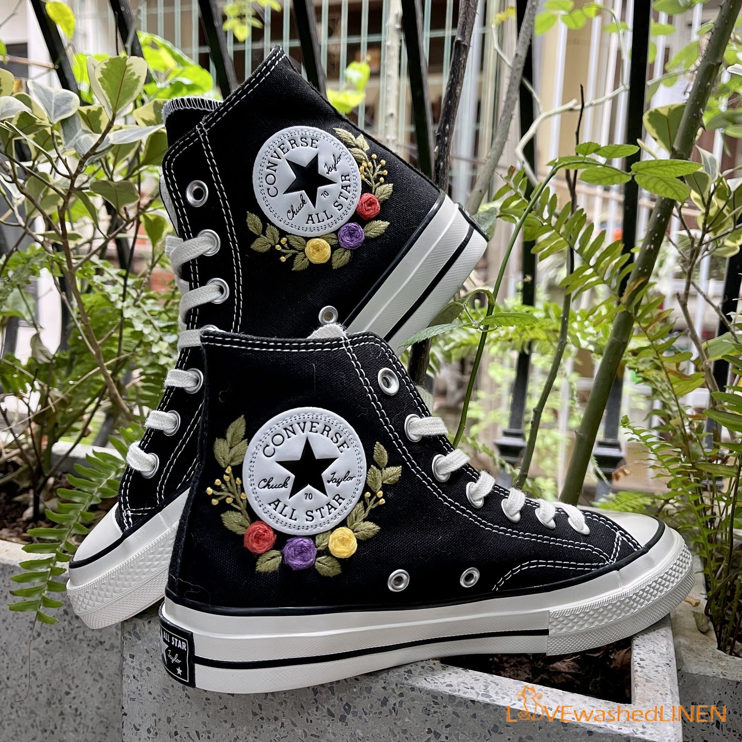 Custom Embroidered Converse High Tops Chuck Taylor 1970s/ Volkswagen Embroidered Converse/Volkswagen Beetle Flowers Embroidered Sneakers