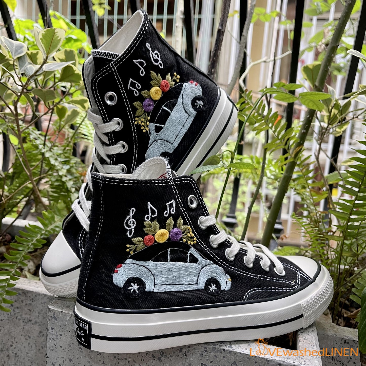 Custom Embroidered Converse High Tops Chuck Taylor 1970s/ Volkswagen Embroidered Converse/Volkswagen Beetle Flowers Embroidered Sneakers