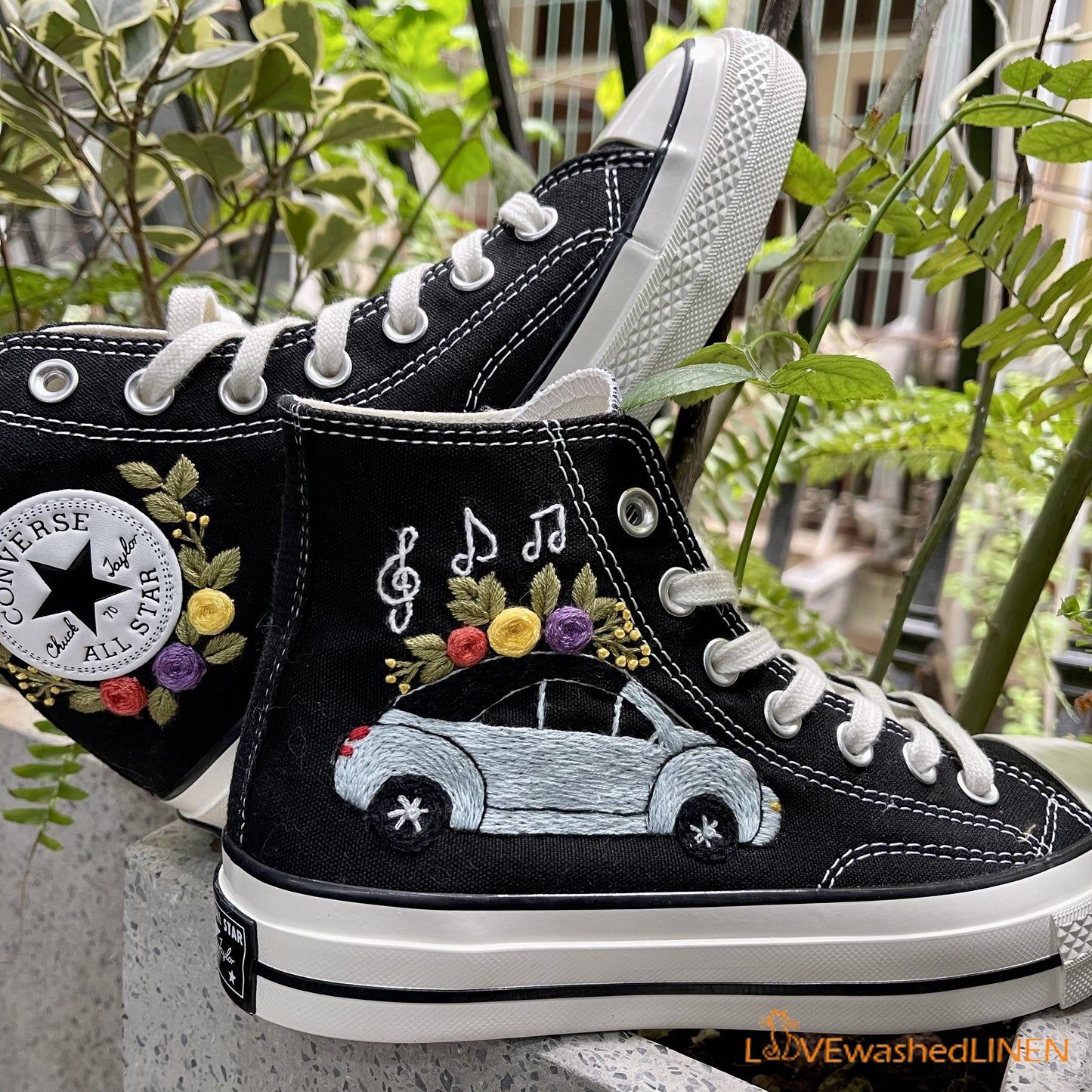 Custom Embroidered Converse High Tops Chuck Taylor 1970s/ Volkswagen Embroidered Converse/Volkswagen Beetle Flowers Embroidered Sneakers