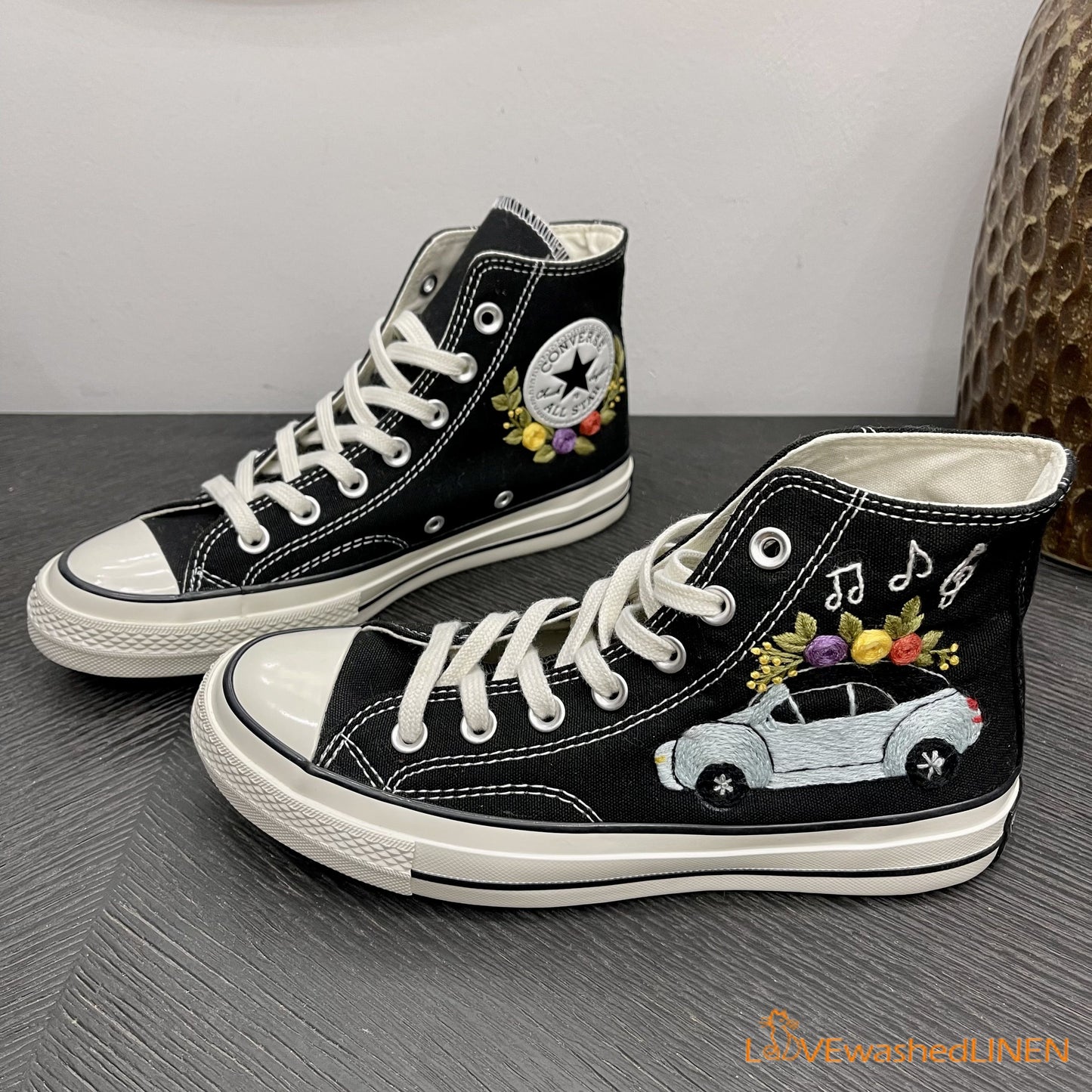 Custom Embroidered Converse High Tops Chuck Taylor 1970s/ Volkswagen Embroidered Converse/Volkswagen Beetle Flowers Embroidered Sneakers