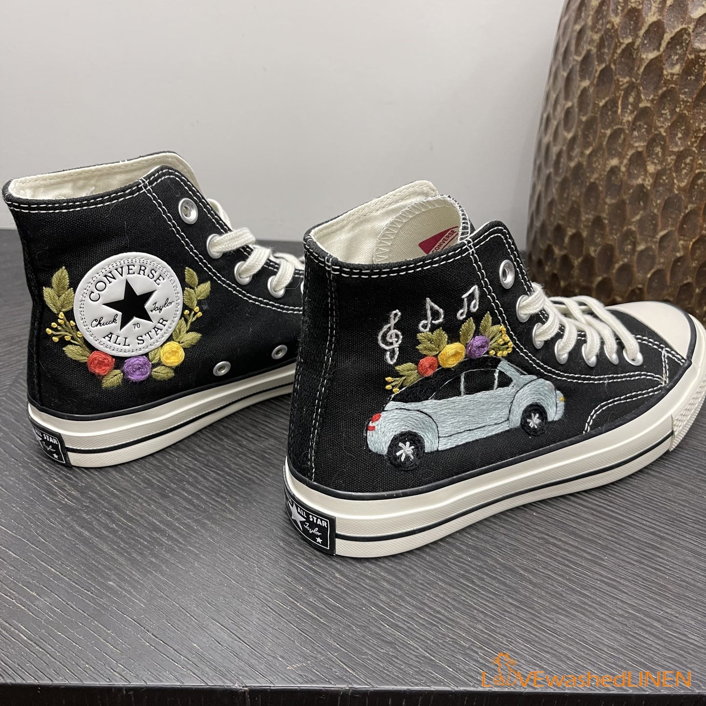 Custom Embroidered Converse High Tops Chuck Taylor 1970s/ Volkswagen Embroidered Converse/Volkswagen Beetle Flowers Embroidered Sneakers