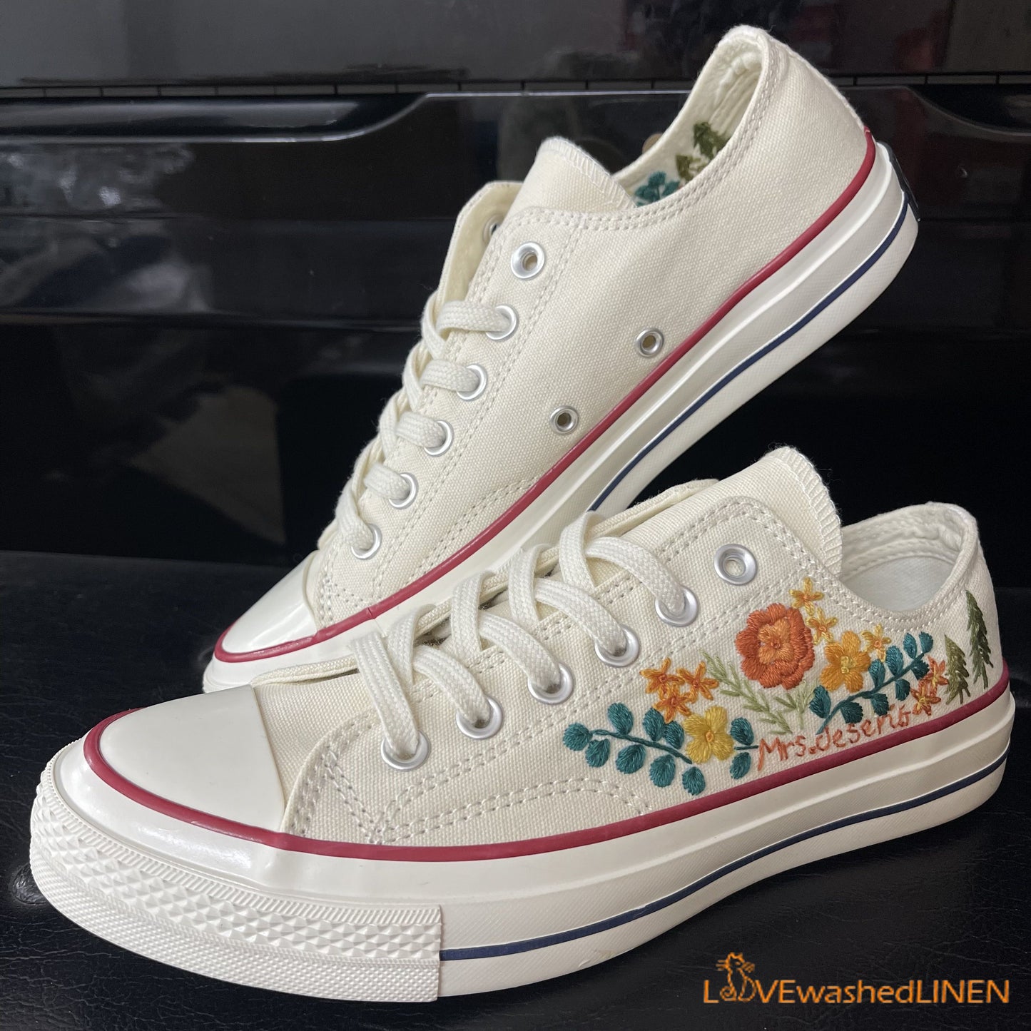 Custom Converse Chuck Taylor Embroidered / Wedding Flowers Embroidered Converse Low Tops / Wedding Pines Embroidered Sneakers