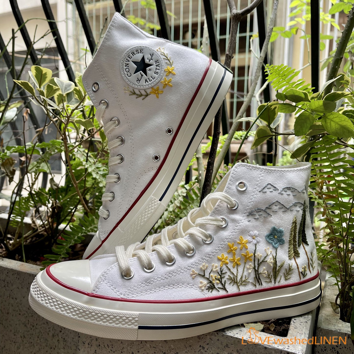 Custom Converse Chuck Taylor Embroidered Pine Trees/ Embroidered Converse Custom/Wedding Embroidered Shoes/ Wedding Embroidered Sneakers