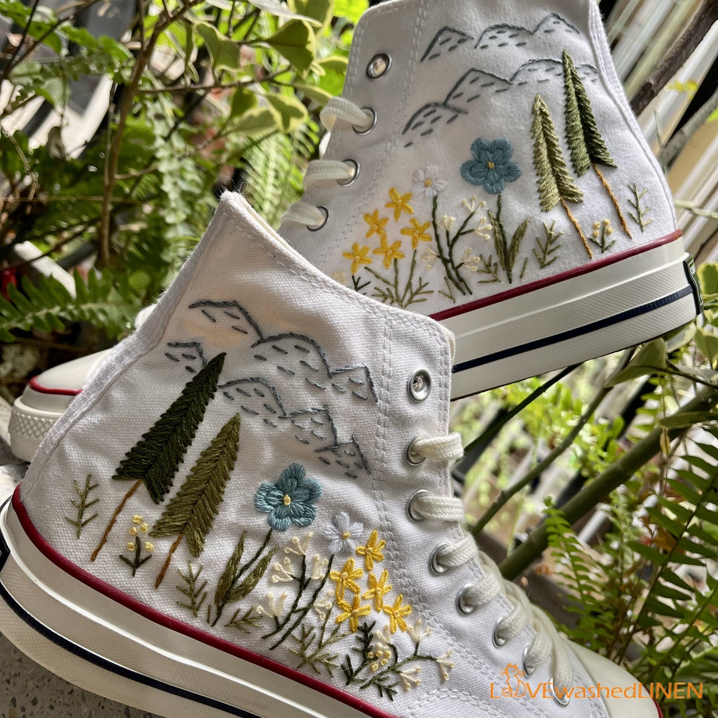 Custom Converse Chuck Taylor Embroidered Pine Trees/ Embroidered Converse Custom/Wedding Embroidered Shoes/ Wedding Embroidered Sneakers