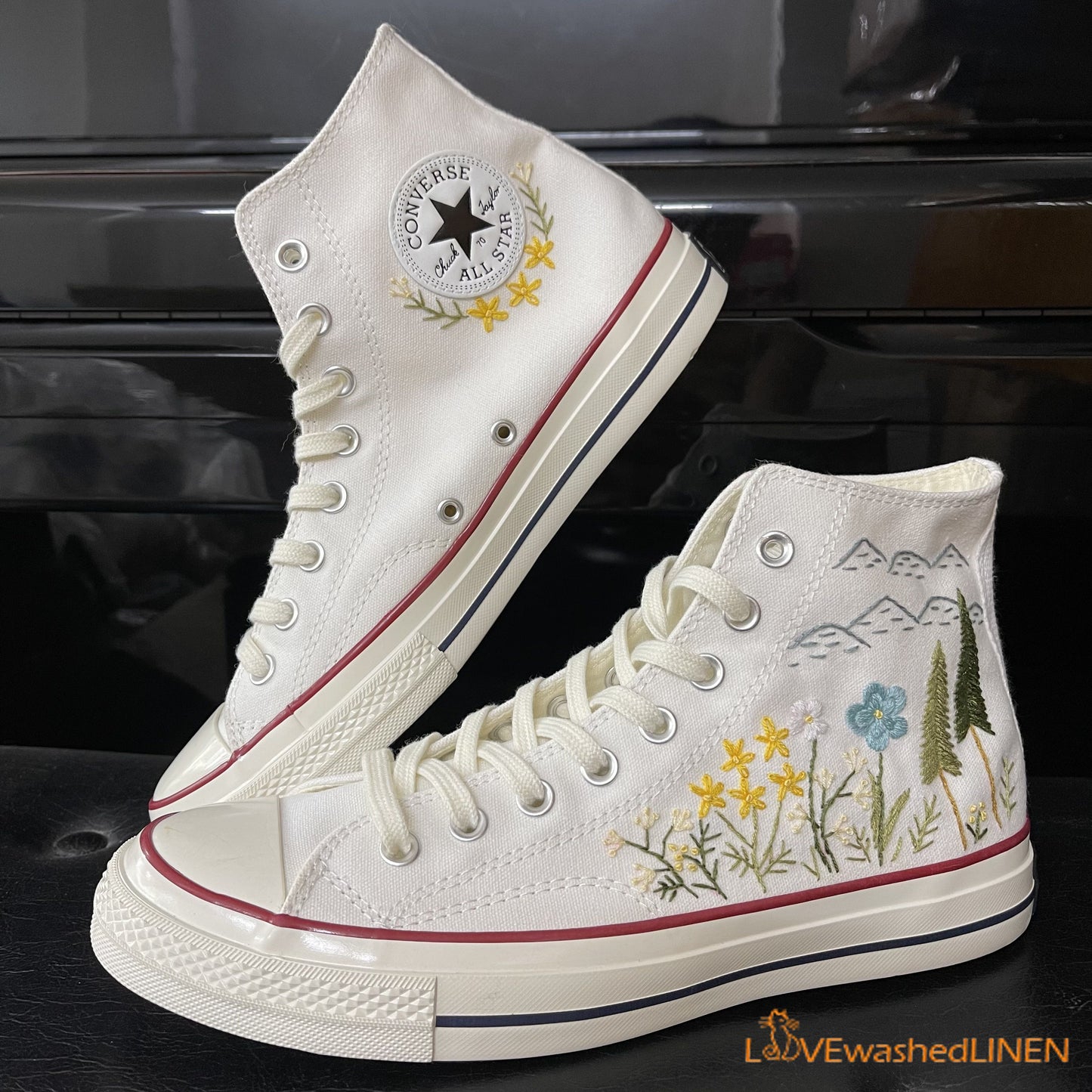 Custom Converse Chuck Taylor Embroidered Pine Trees/ Embroidered Converse Custom/Wedding Embroidered Shoes/ Wedding Embroidered Sneakers