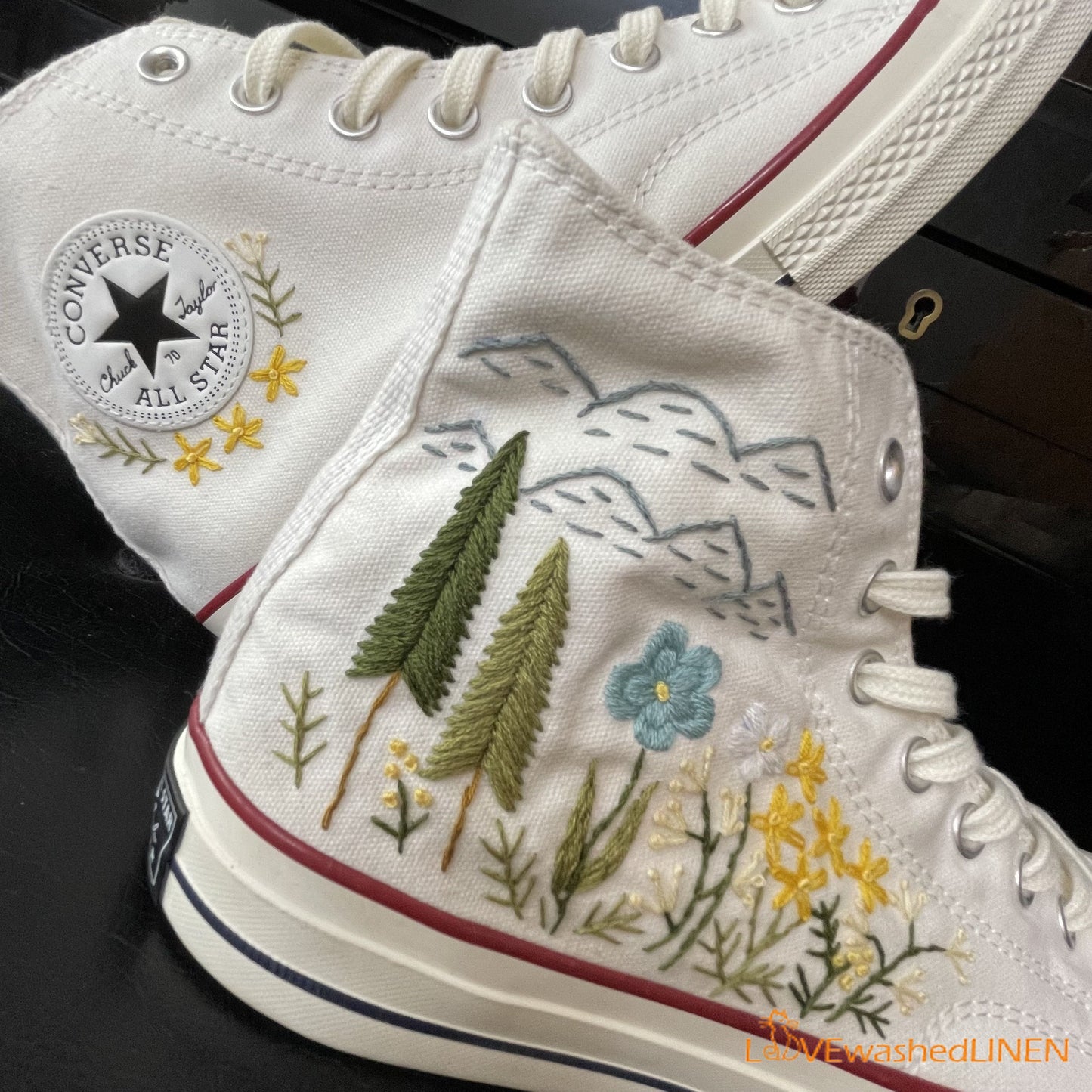 Custom Converse Chuck Taylor Embroidered Pine Trees/ Embroidered Converse Custom/Wedding Embroidered Shoes/ Wedding Embroidered Sneakers