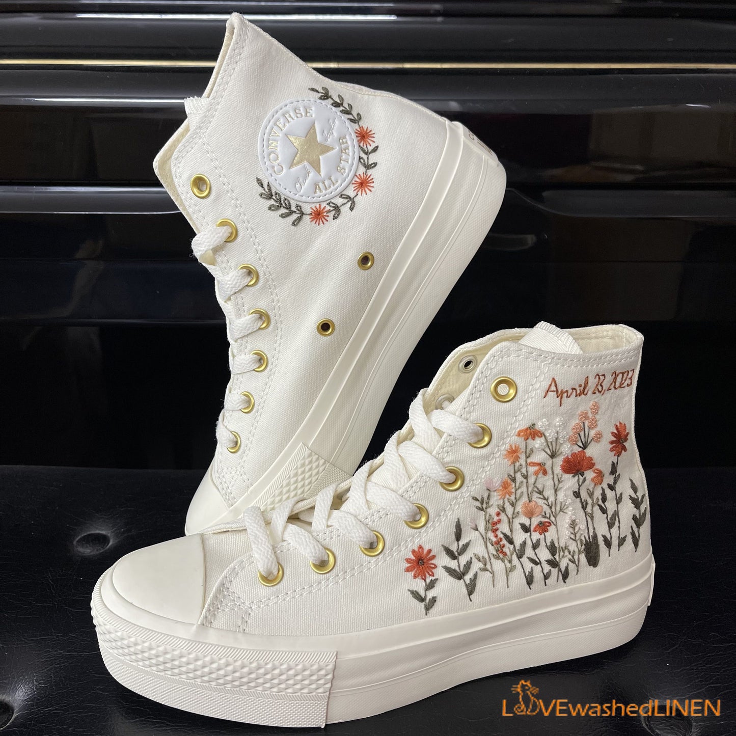 Custom Coverse Platform/Wedding Flowers Embroidered Converse/Bridal Flowers Embroidered Sneakers/Wedding Flowers Embroidered Sneakers/