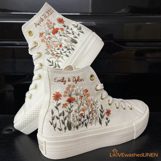 Custom Coverse Platform/Wedding Flowers Embroidered Converse/Bridal Flowers Embroidered Sneakers/Wedding Flowers Embroidered Sneakers/