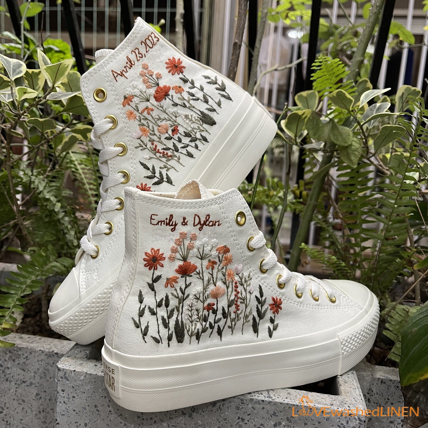 Custom Coverse Platform/Wedding Flowers Embroidered Converse/Bridal Flowers Embroidered Sneakers/Wedding Flowers Embroidered Sneakers/