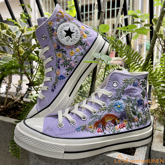 Custom Converse Chuck Taylor Embroidered/ Fox Summer Garden Flowers Embroidered Convese Shoes/ Embroidered Converse Custom Wedding Flowers