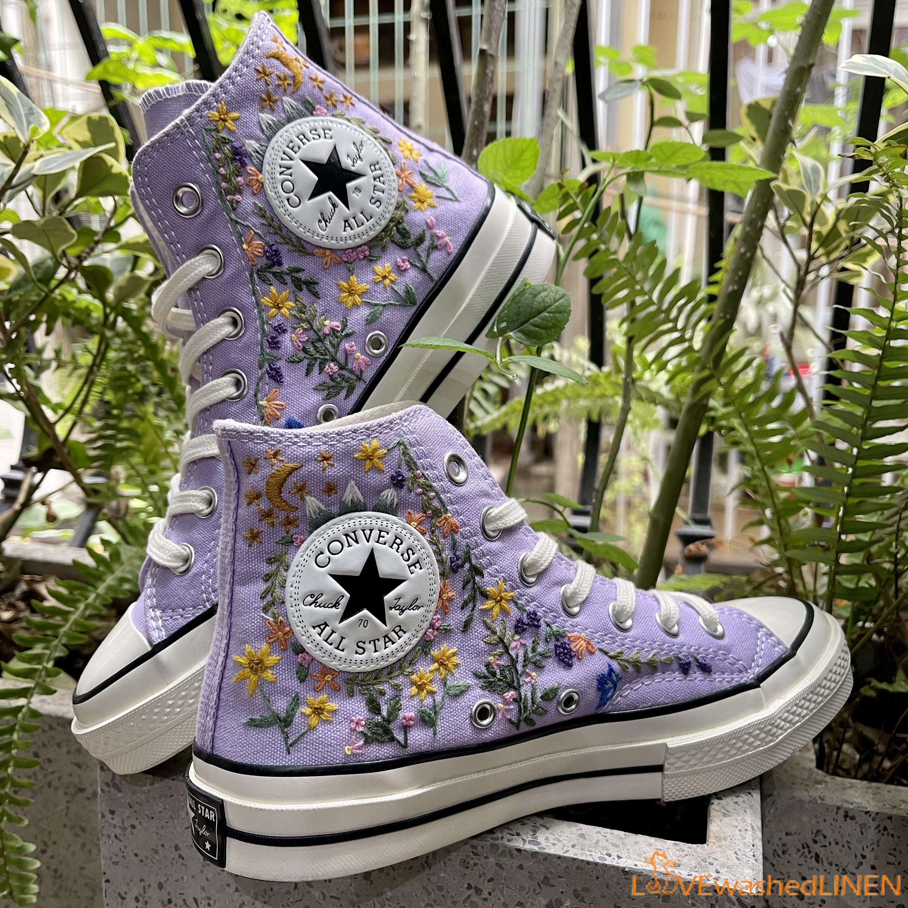 Hand embroidered store - purple florals - Chuck Taylor Converse high tops