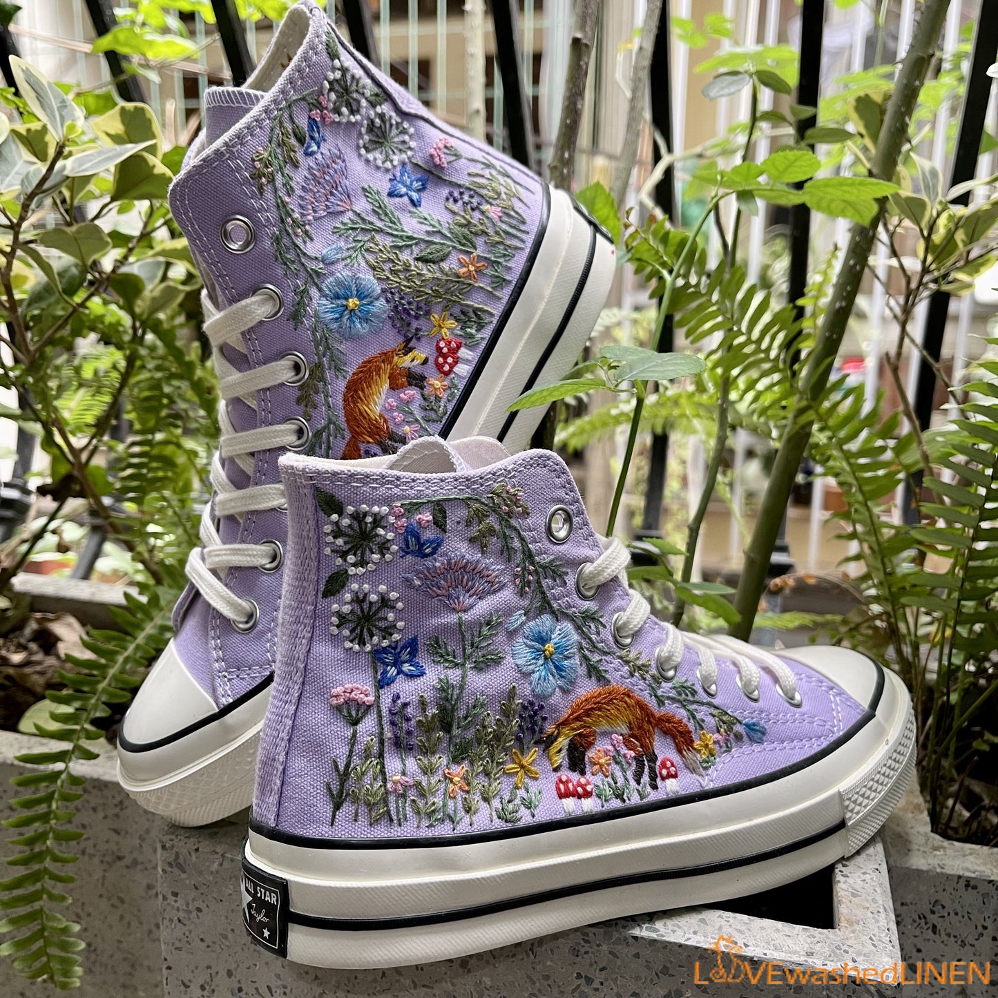 Custom Converse Chuck Taylor Embroidered/ Fox Summer Garden Flowers Embroidered Convese Shoes/ Embroidered Converse Custom Wedding Flowers