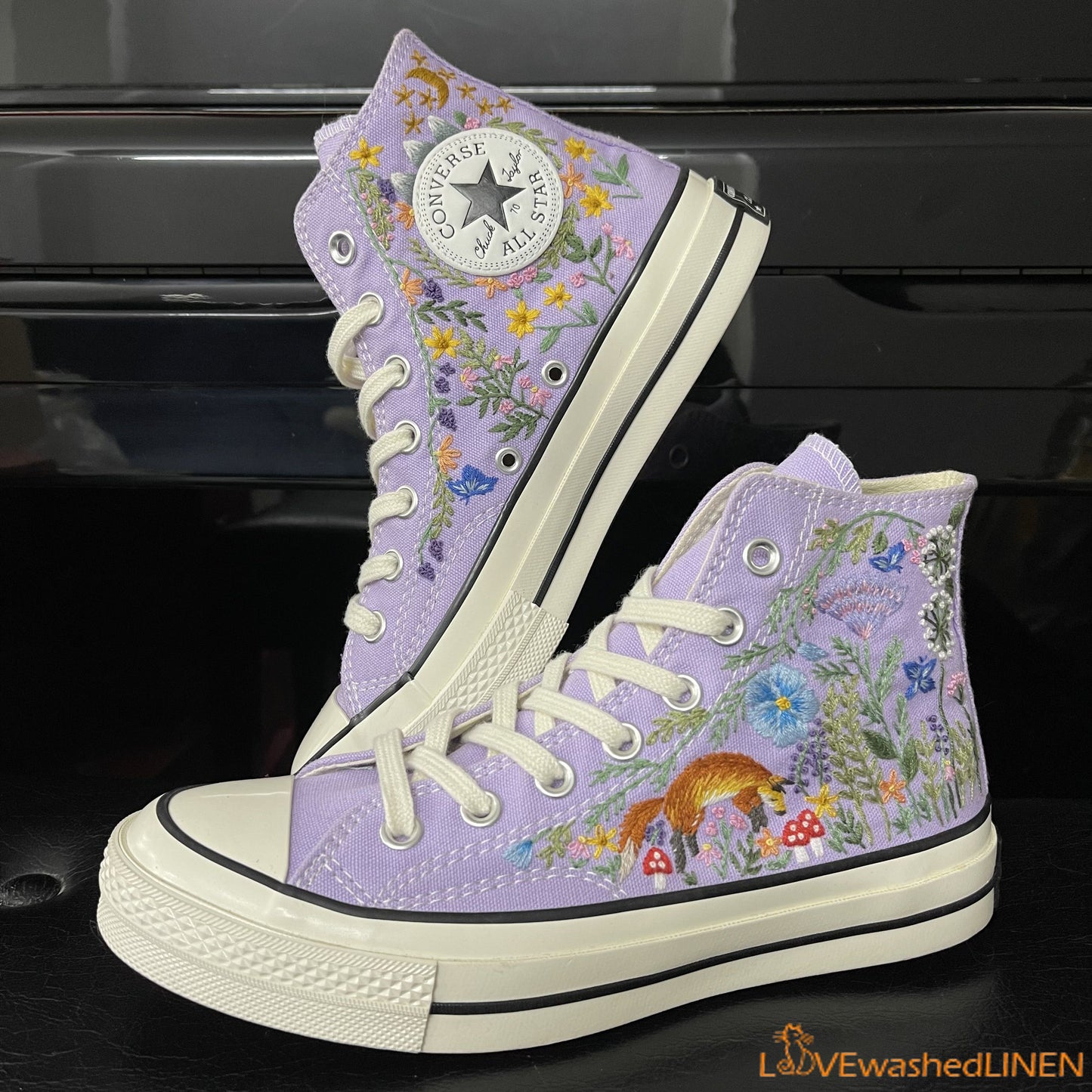 Custom Converse Chuck Taylor Embroidered/ Fox Summer Garden Flowers Embroidered Convese Shoes/ Embroidered Converse Custom Wedding Flowers