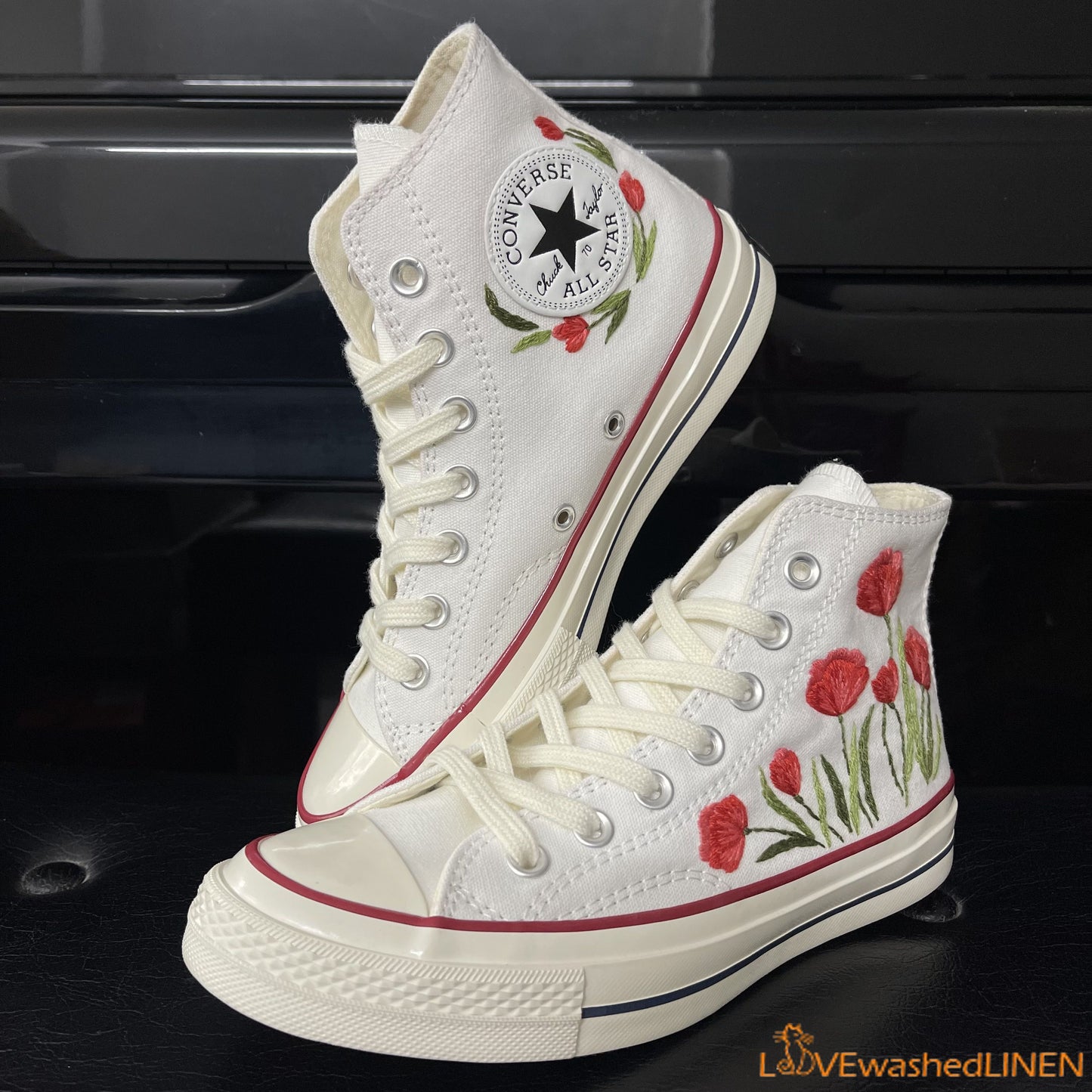 Custom Embroidered Converse High Tops Chuck Taylor 1970s/ Wedding Hand Embroidered Poppies Converse/ Embroidered Pooppies Flowers Sneakers