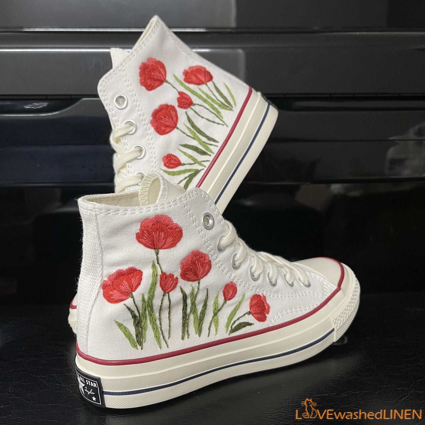 Custom Embroidered Converse High Tops Chuck Taylor 1970s/ Wedding Hand Embroidered Poppies Converse/ Embroidered Pooppies Flowers Sneakers