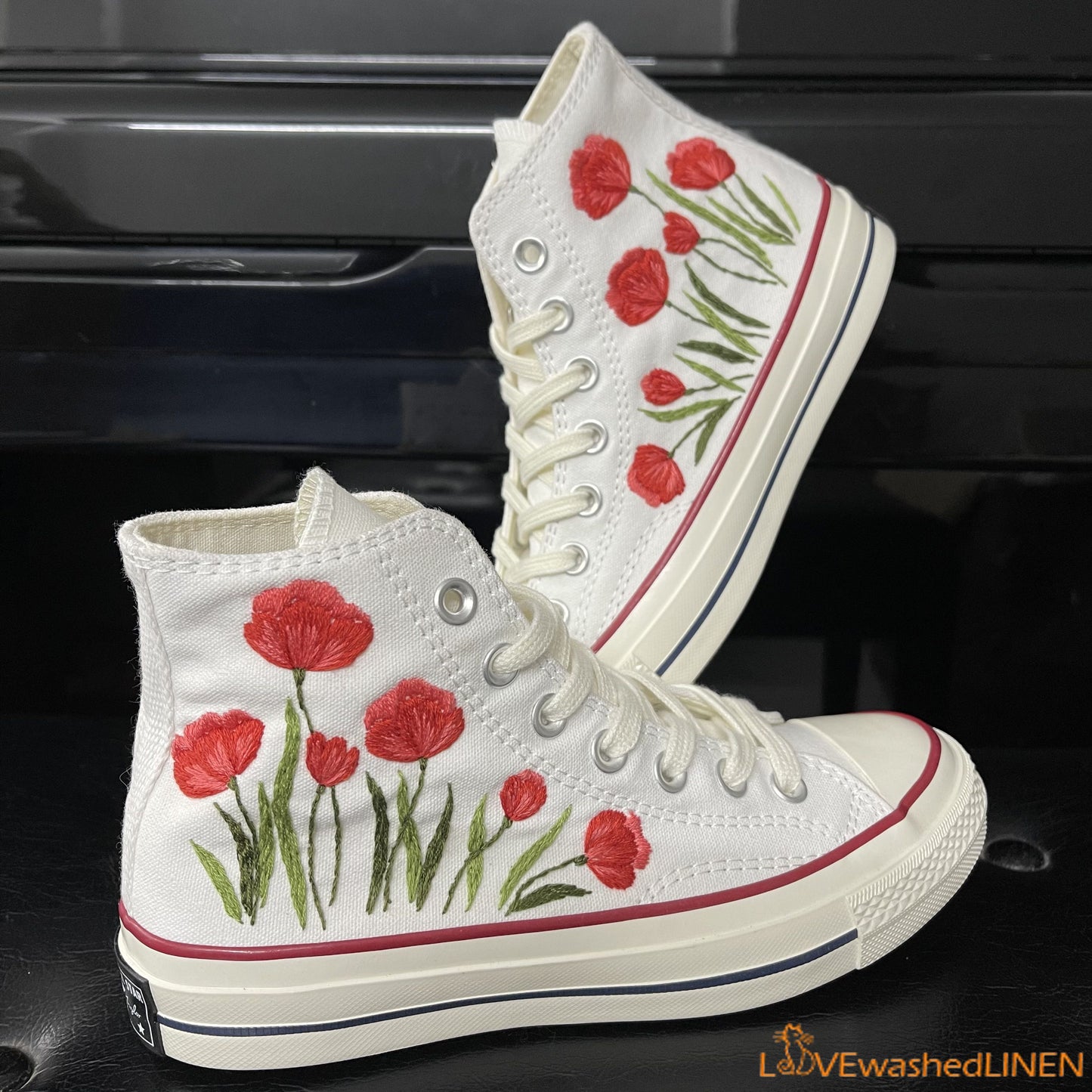 Custom Embroidered Converse High Tops Chuck Taylor 1970s/ Wedding Hand Embroidered Poppies Converse/ Embroidered Pooppies Flowers Sneakers