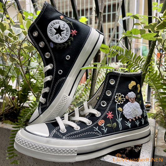 Custom Converse Chuck Taylor Sheep and Flowers Embroidered Shoes/ Embroidered Converse Custom Wedding Flowers