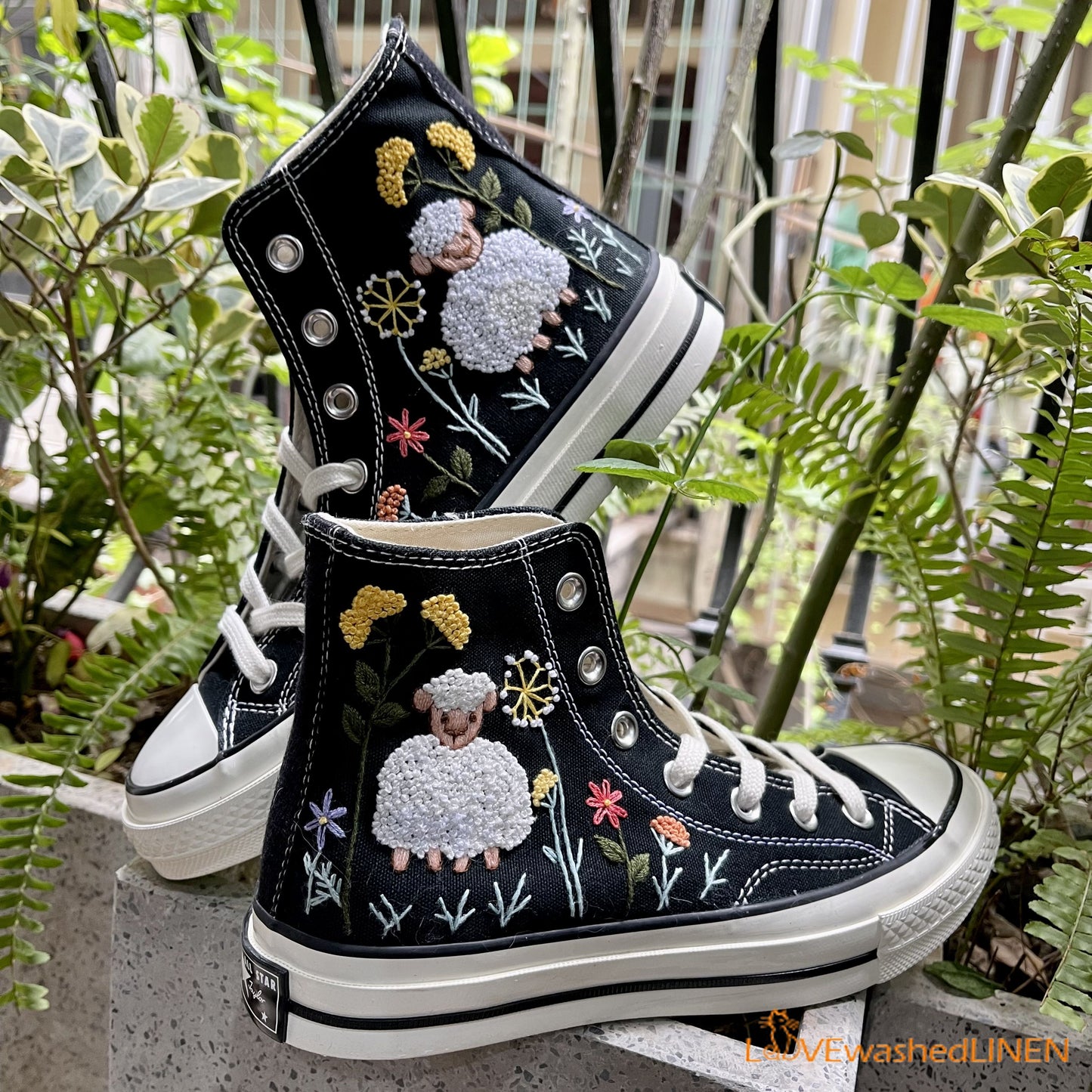 Custom Converse Chuck Taylor Sheep and Flowers Embroidered Shoes/ Embroidered Converse Custom Wedding Flowers