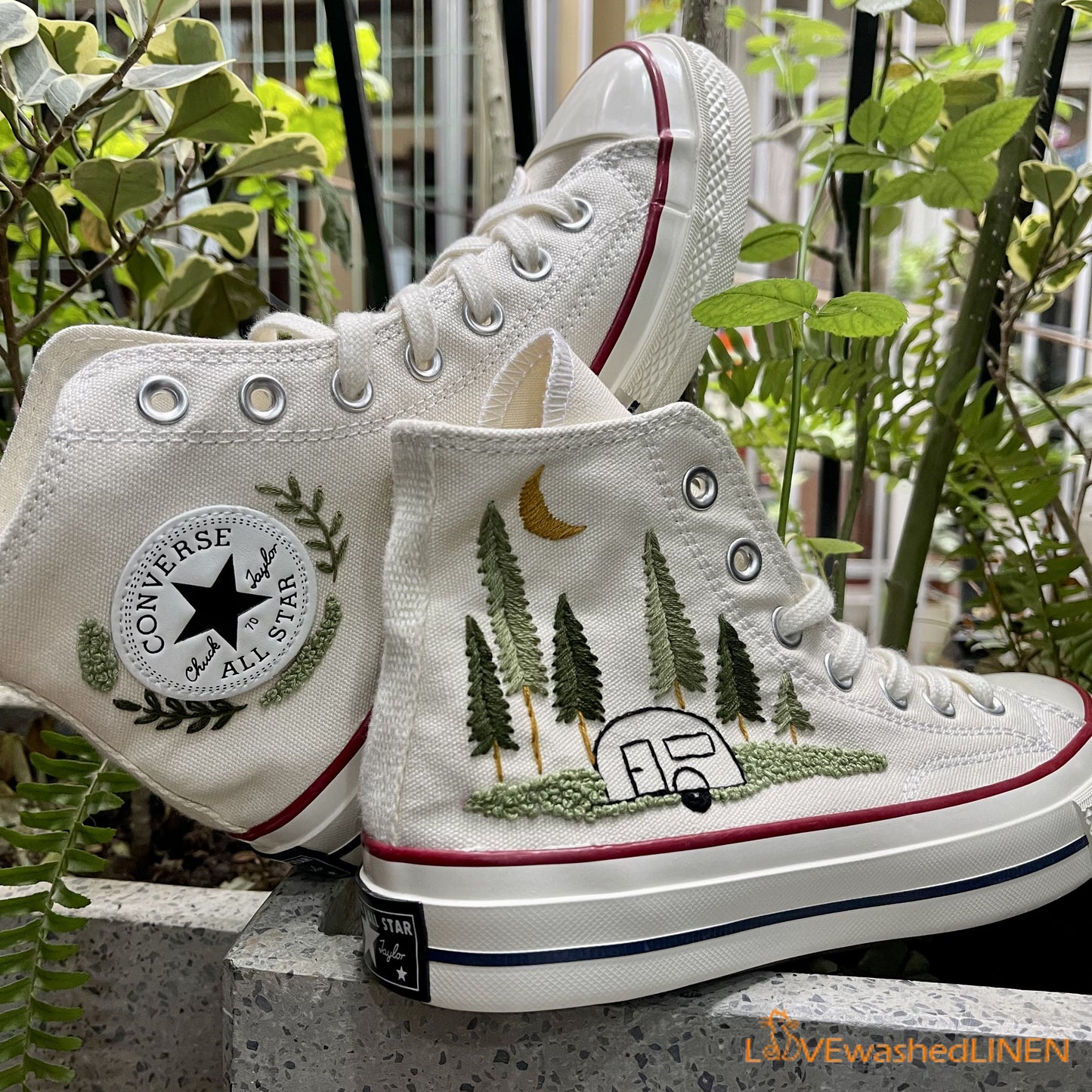 Custom Converse Chuck Taylor Embroidered/ Pine Trees Embroidered Converse/ Custom Wedding Embroidered Shoes/ Wedding Embroidered Sneakers