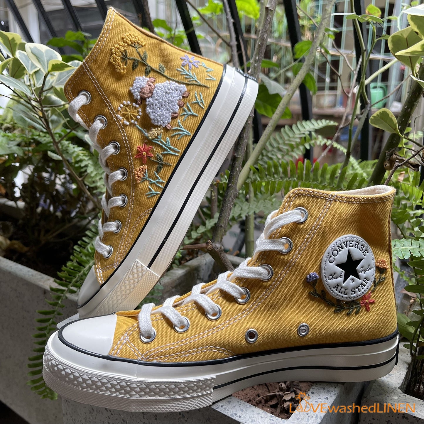 Custom Converse Chuck Taylor Sheep and Flowers Embroidered Shoes/ Embroidered Converse Custom Wedding Flowers