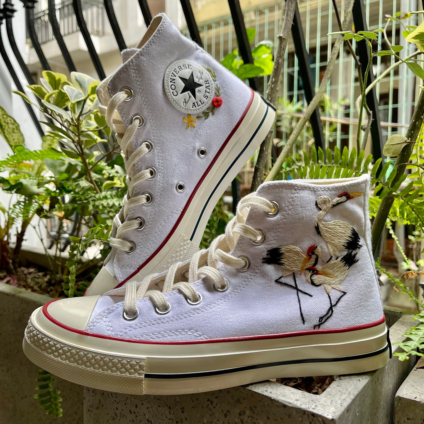 Custom Converse Chuck Taylor Embroidered Red-crowned Cranes Converse/ Embroidered Converse Custom /Wedding Embroidered Shoes