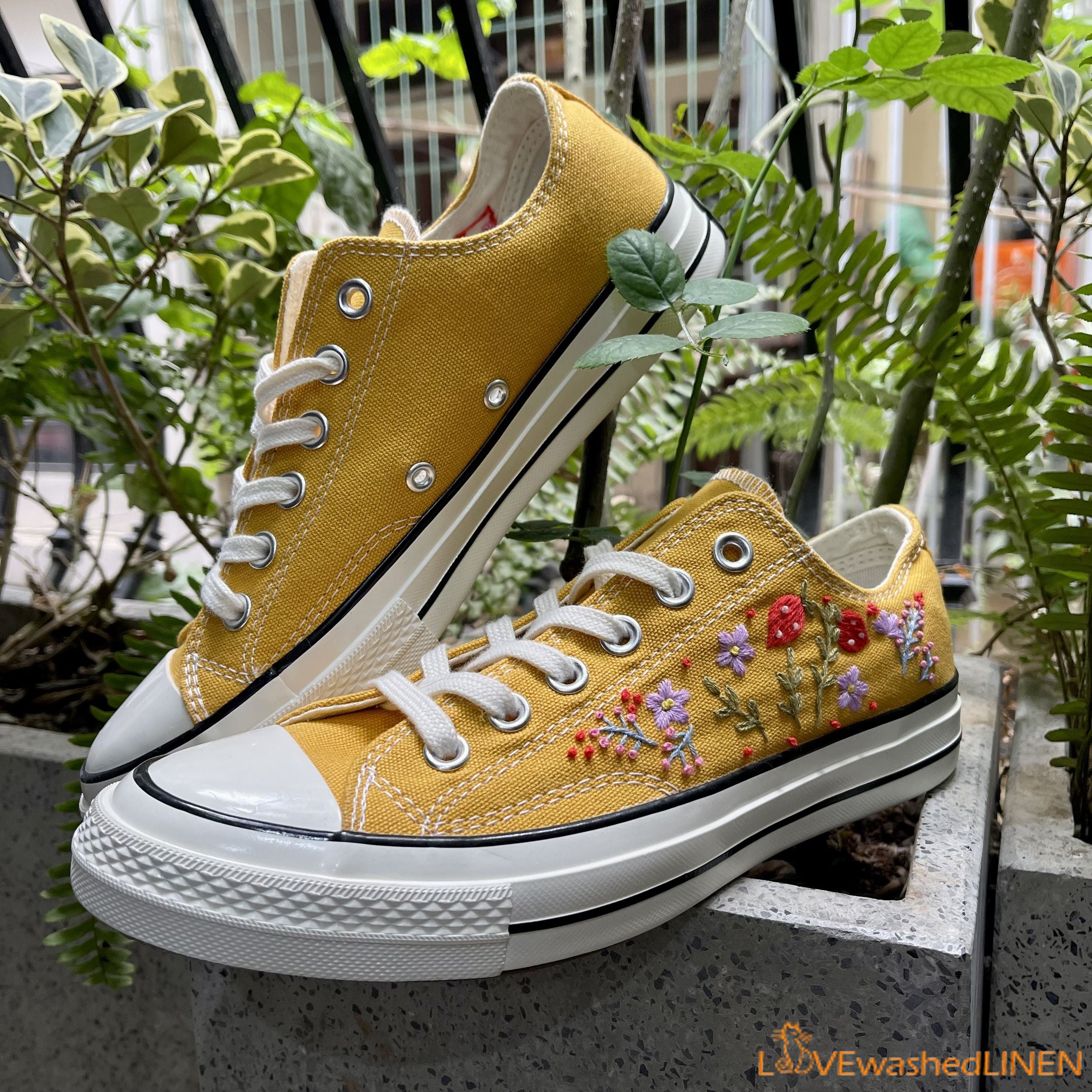 Yellow sales embroidered converse